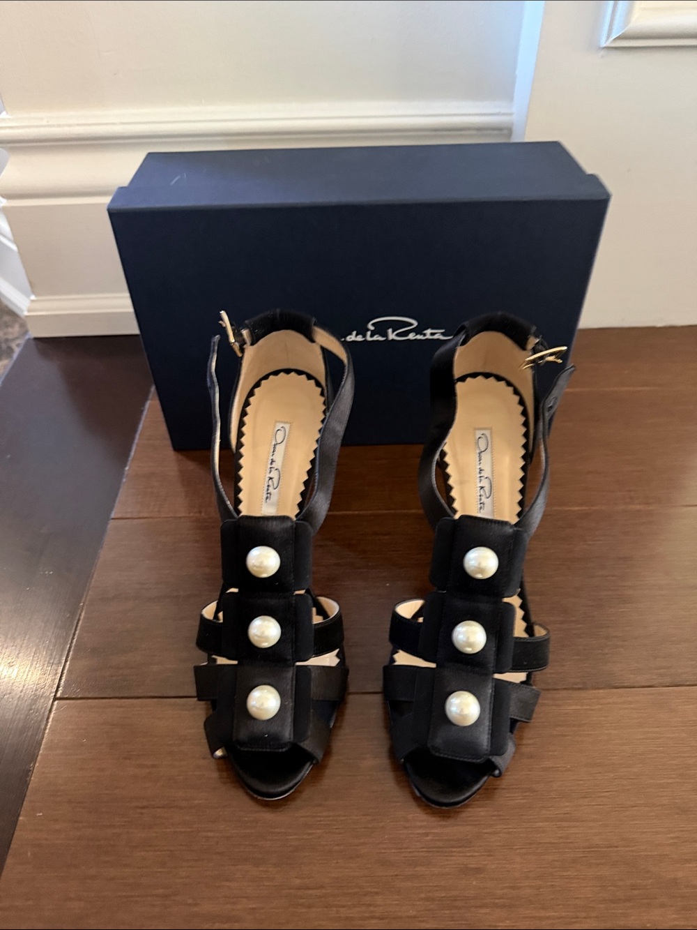 Oscar de la Renta Black Pearl-Embellished Strappy Heels